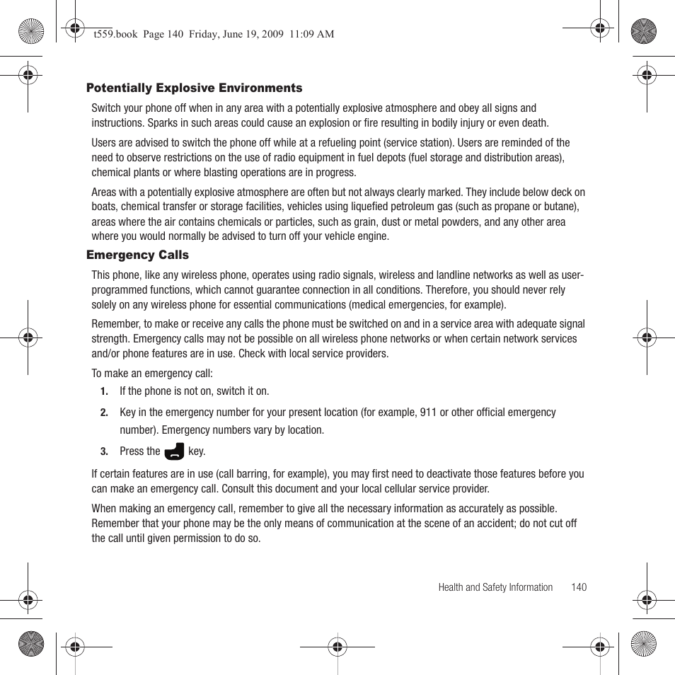 Potentially explosive environments, Emergency calls, Potentially explosive environments emergency calls | Samsung Comeback GH68-22878A User Manual | Page 143 / 158