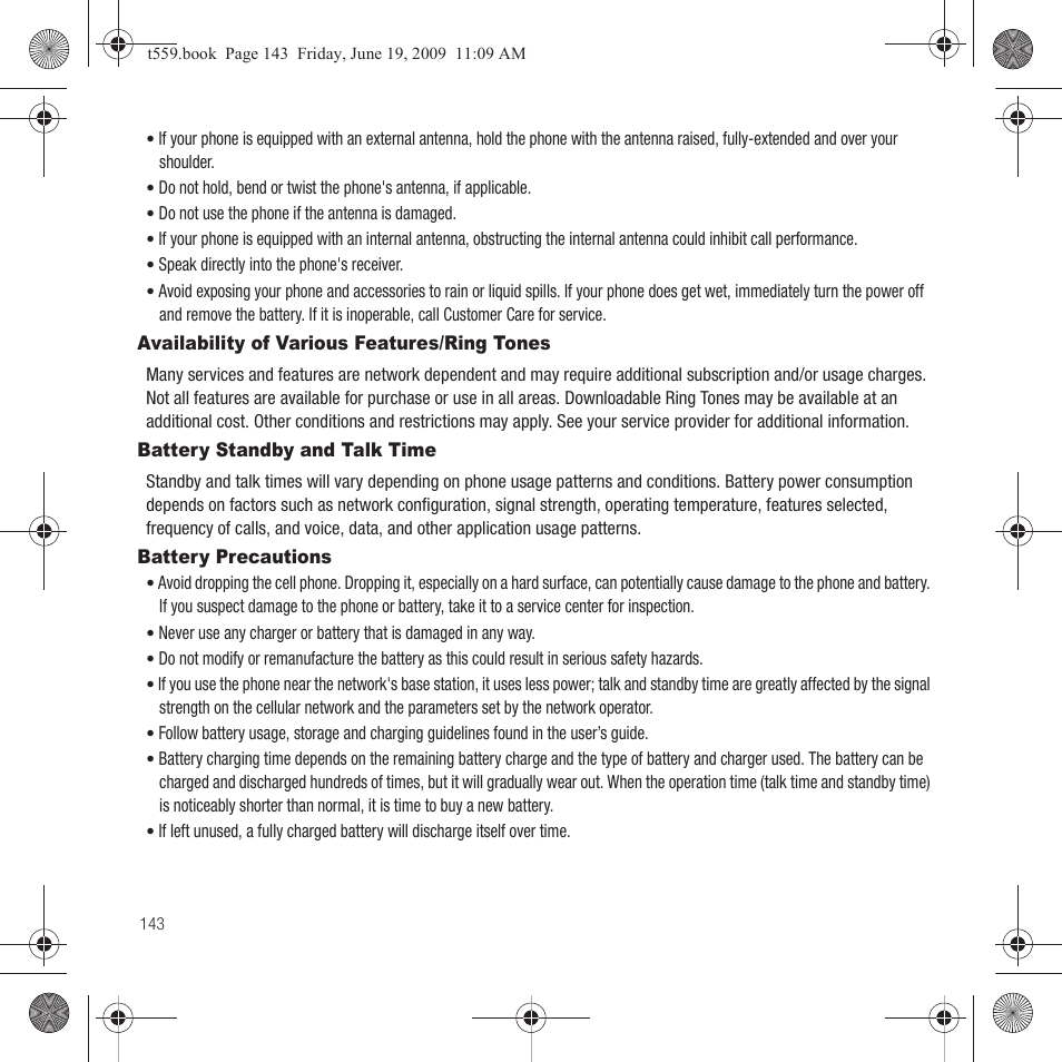 Availability of various features/ring tones, Battery standby and talk time, Battery precautions | Samsung Comeback GH68-22878A User Manual | Page 146 / 158