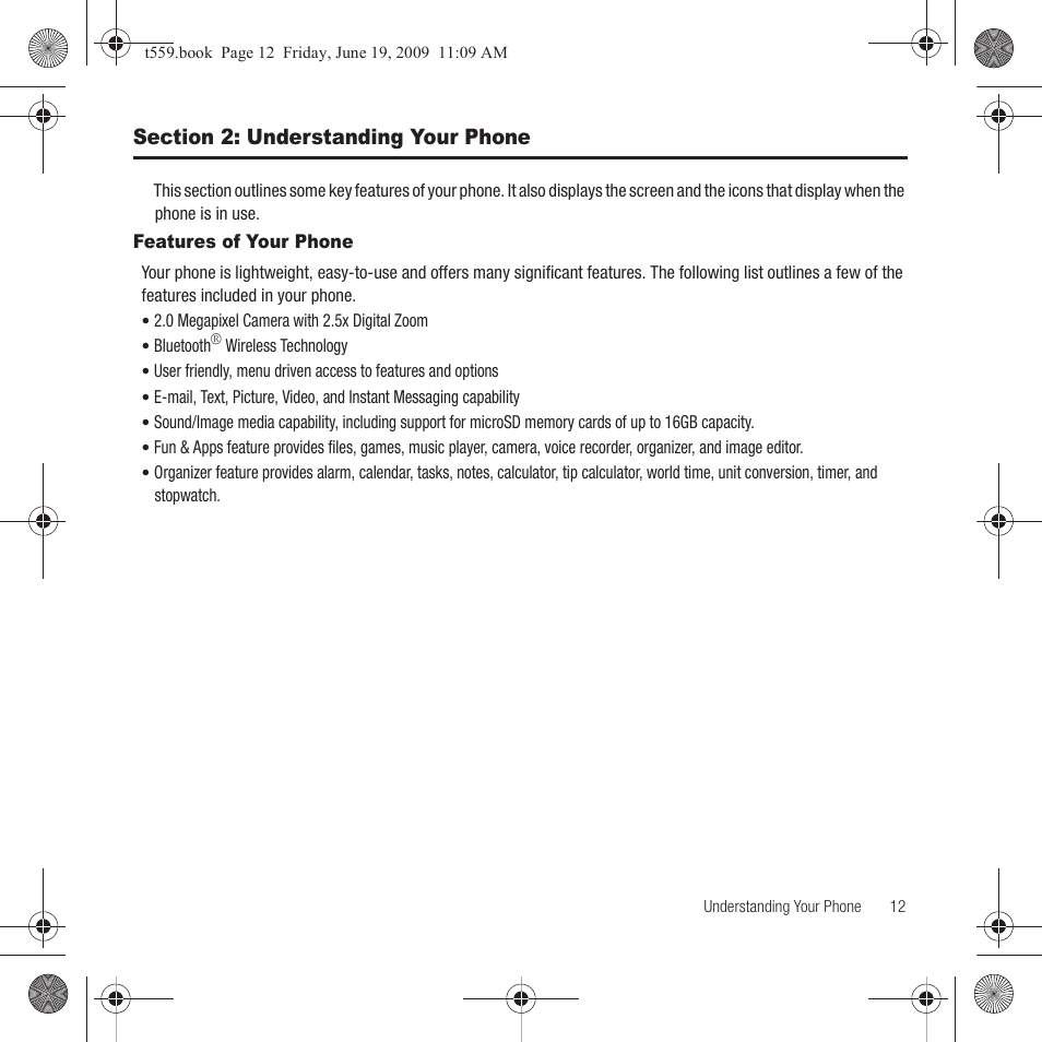 Section 2: understanding your phone, Features of your phone | Samsung Comeback GH68-22878A User Manual | Page 15 / 158