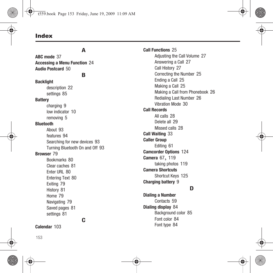 Index | Samsung Comeback GH68-22878A User Manual | Page 156 / 158