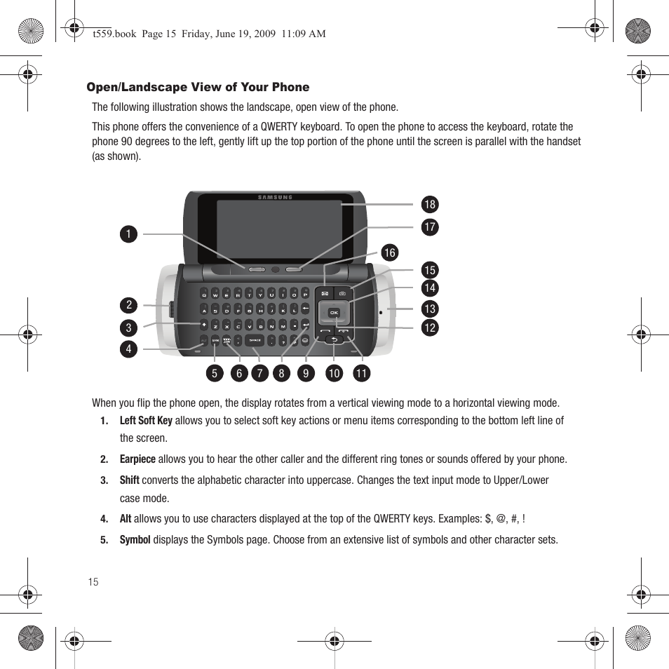 Open/landscape view of your phone | Samsung Comeback GH68-22878A User Manual | Page 18 / 158