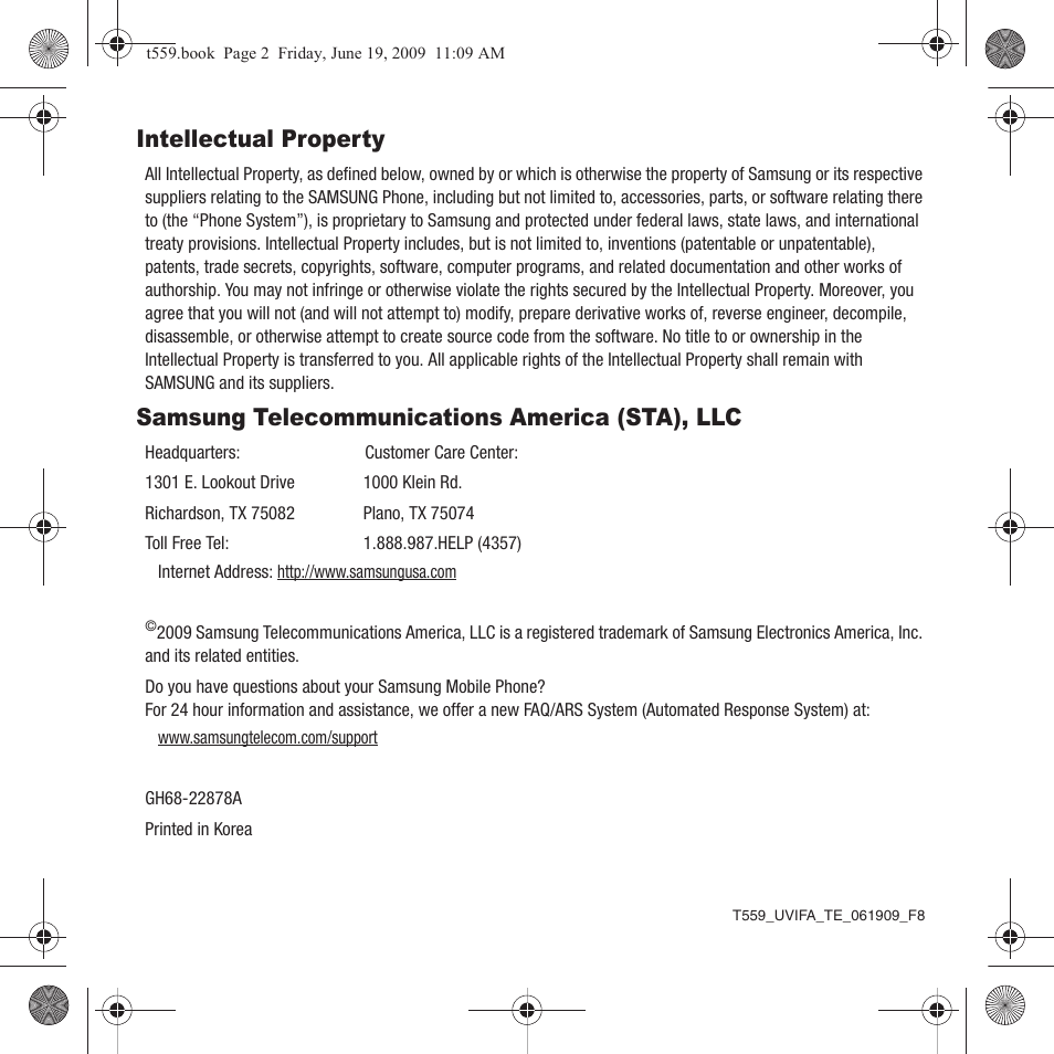 Intellectual property, Samsung telecommunications america (sta), llc | Samsung Comeback GH68-22878A User Manual | Page 2 / 158