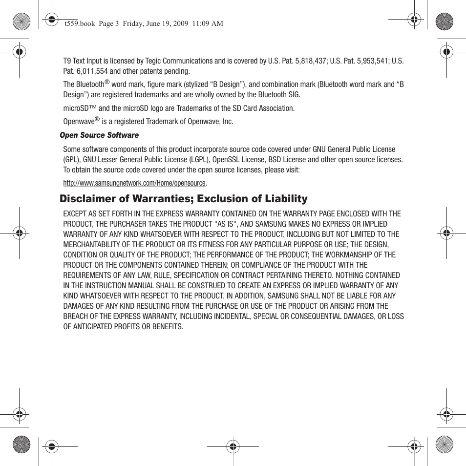 Disclaimer of warranties; exclusion of liability | Samsung Comeback GH68-22878A User Manual | Page 3 / 158