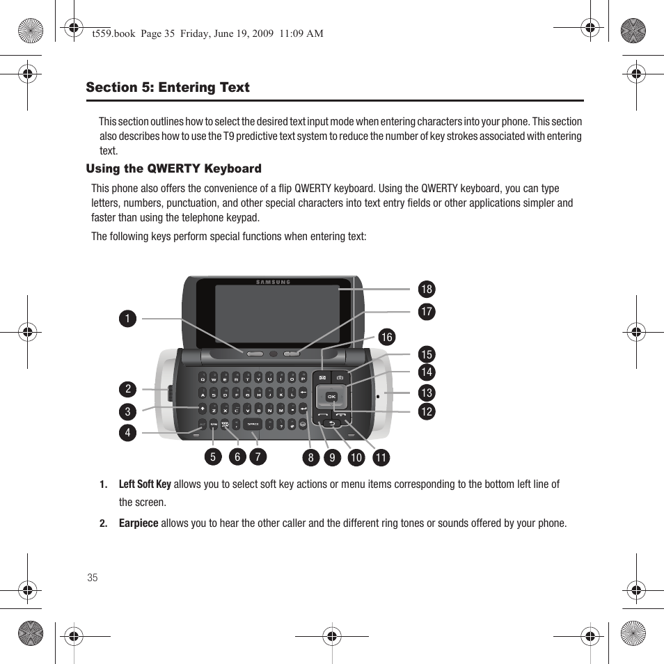 Section 5: entering text, Using the qwerty keyboard | Samsung Comeback GH68-22878A User Manual | Page 38 / 158