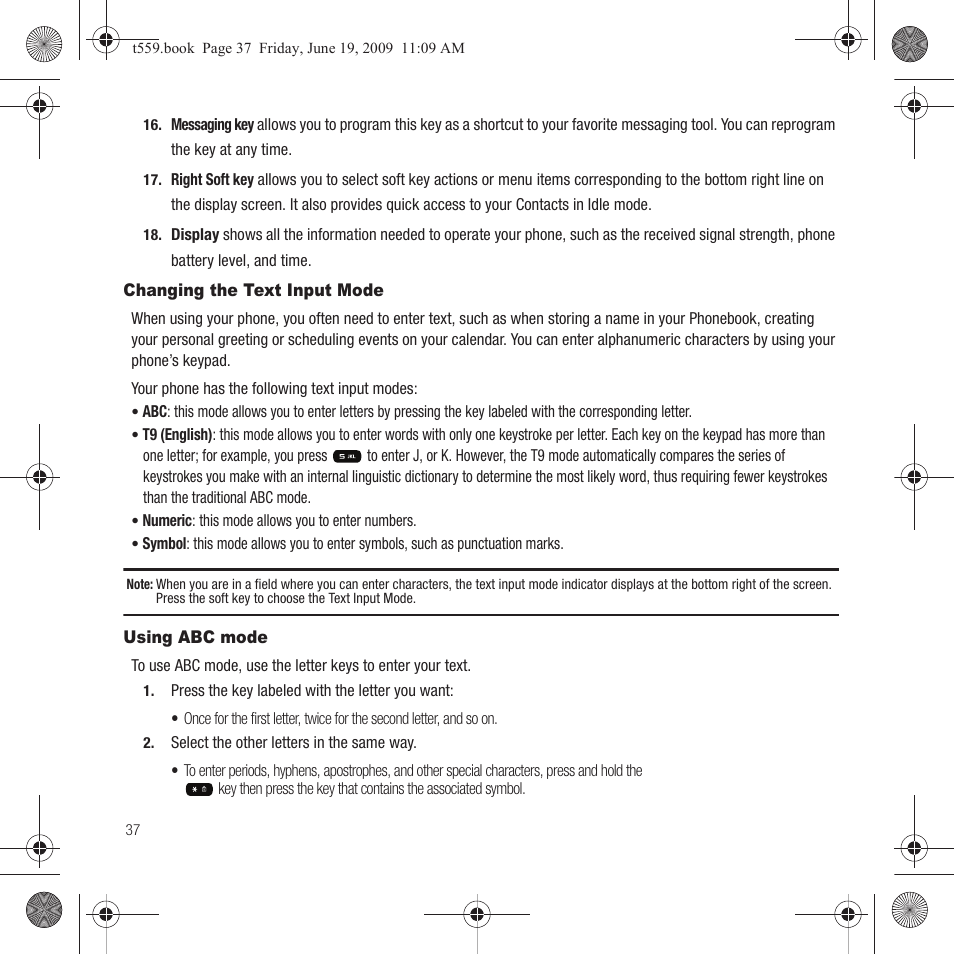 Changing the text input mode, Using abc mode, Changing the text input mode using abc mode | Samsung Comeback GH68-22878A User Manual | Page 40 / 158