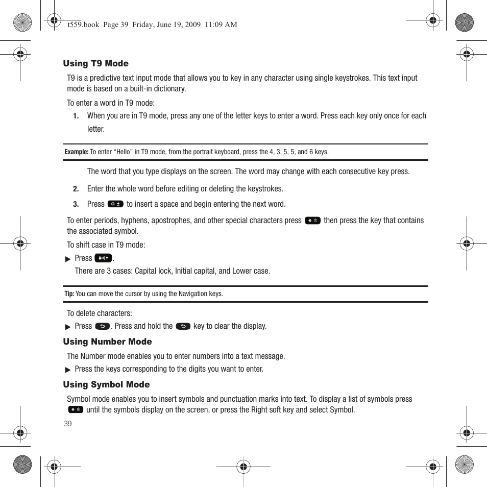 Using t9 mode, Using number mode, Using symbol mode | Using t9 mode using number mode using symbol mode | Samsung Comeback GH68-22878A User Manual | Page 42 / 158