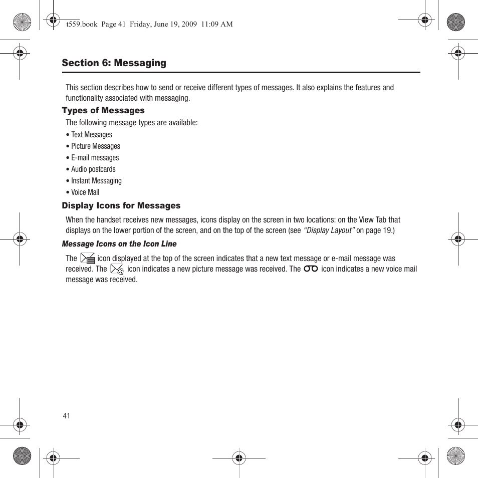 Section 6: messaging, Types of messages, Display icons for messages | Types of messages display icons for messages | Samsung Comeback GH68-22878A User Manual | Page 44 / 158