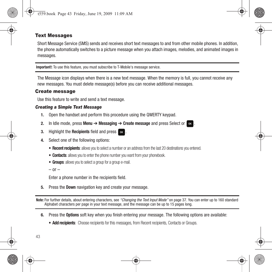 Text messages, Create message, Text messages create message | Samsung Comeback GH68-22878A User Manual | Page 46 / 158