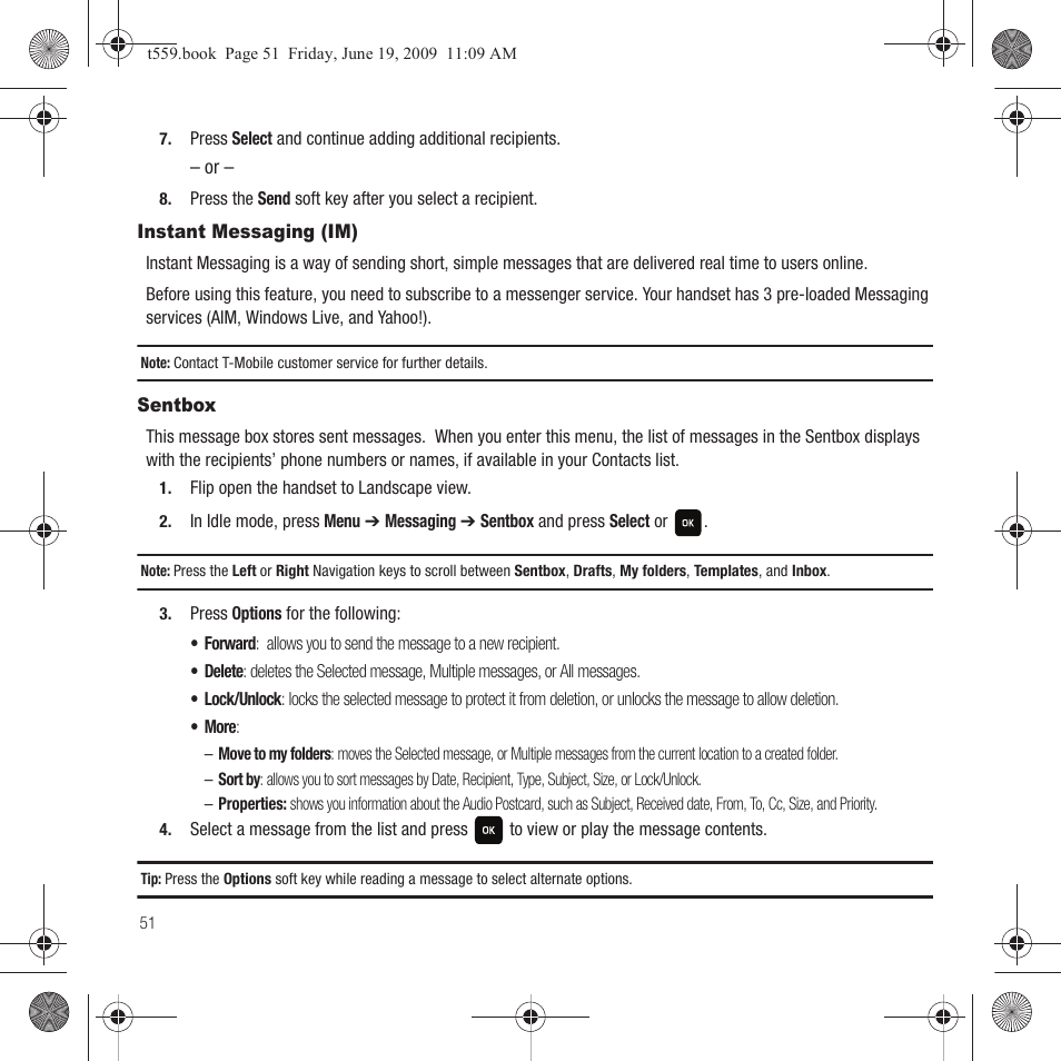 Instant messaging (im), Sentbox, Instant messaging (im) sentbox | Samsung Comeback GH68-22878A User Manual | Page 54 / 158