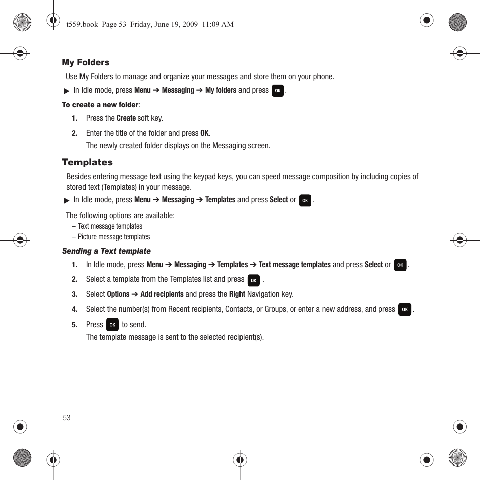 My folders, Templates, My folders templates | Samsung Comeback GH68-22878A User Manual | Page 56 / 158