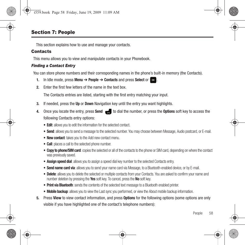 Section 7: people, Contacts | Samsung Comeback GH68-22878A User Manual | Page 61 / 158