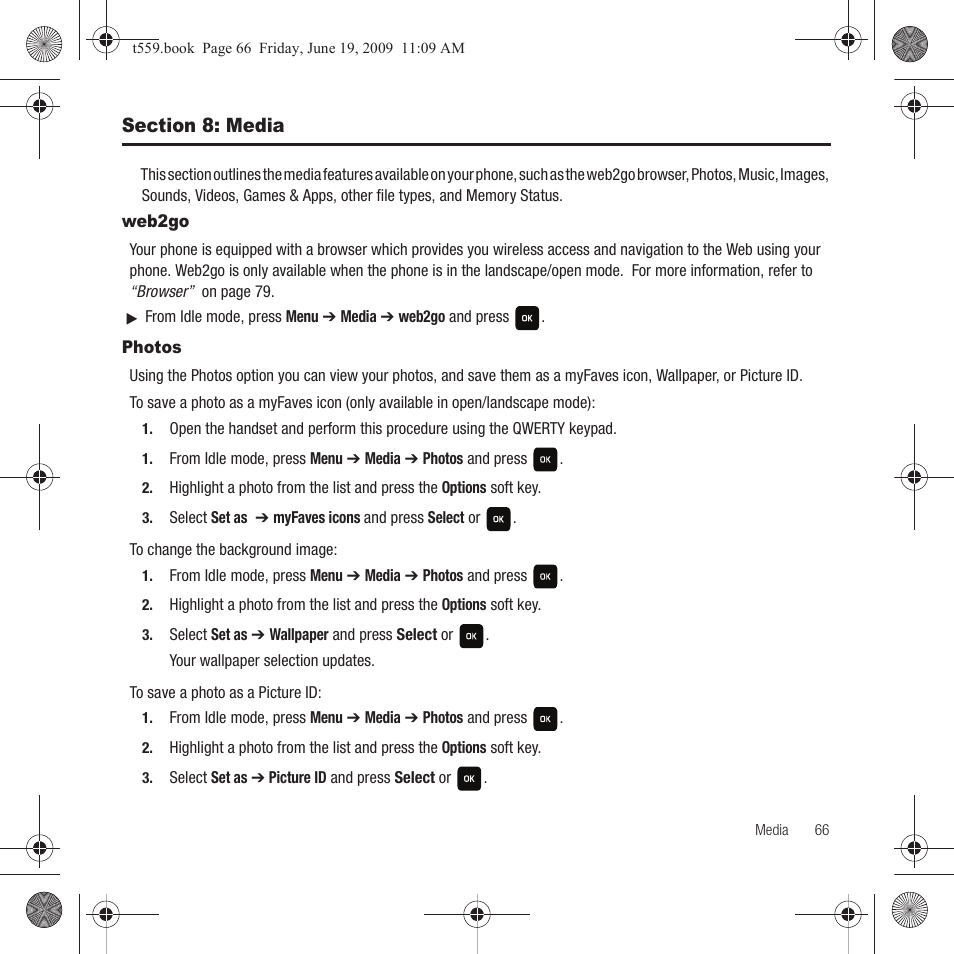 Section 8: media, Web2go, Photos | Web2go photos | Samsung Comeback GH68-22878A User Manual | Page 69 / 158