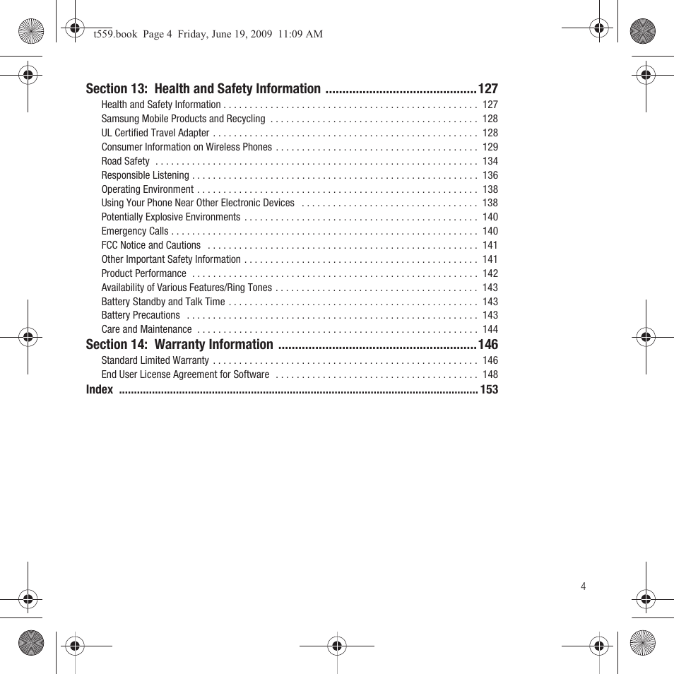 Section 13: health and safety information 127, Section 14: warranty information 146 | Samsung Comeback GH68-22878A User Manual | Page 7 / 158