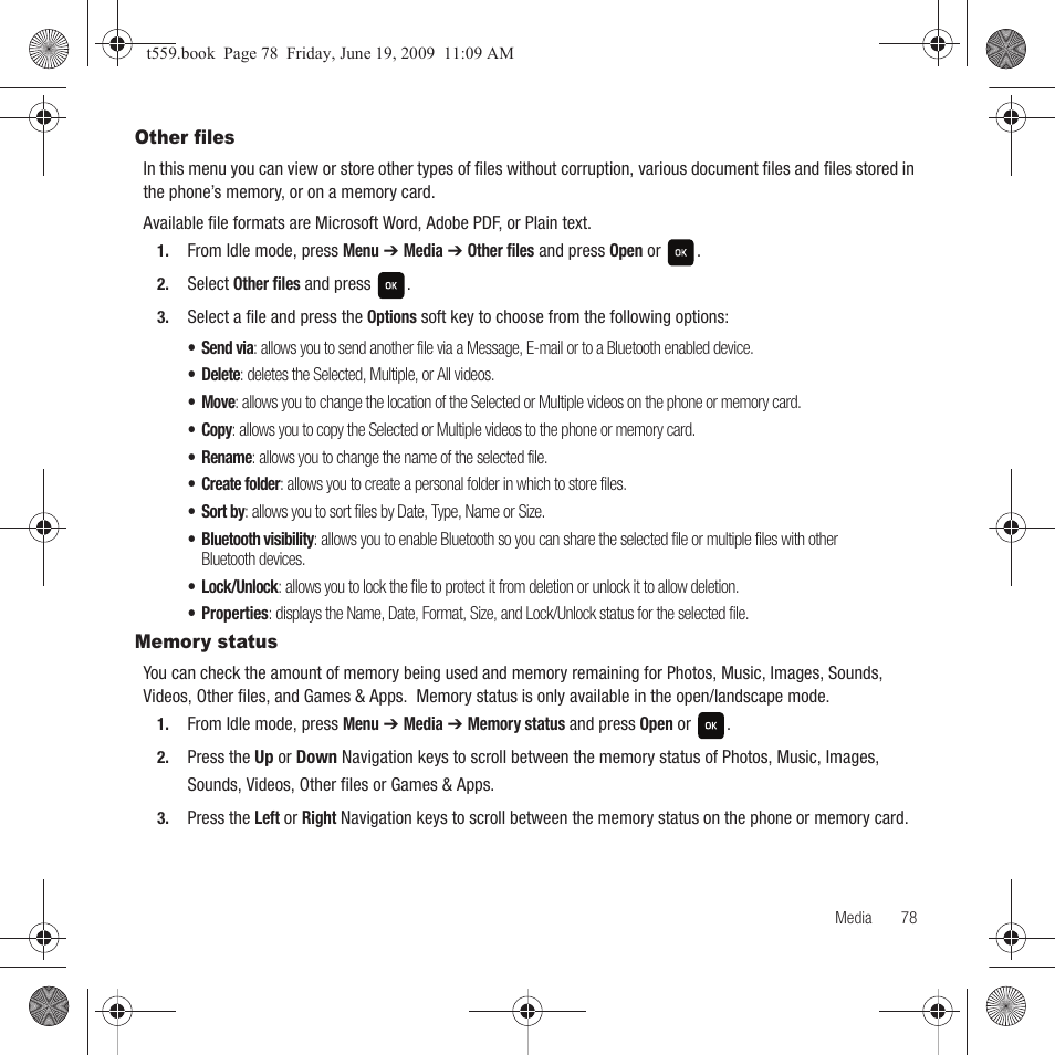 Other files, Memory status, Other files memory status | Samsung Comeback GH68-22878A User Manual | Page 81 / 158