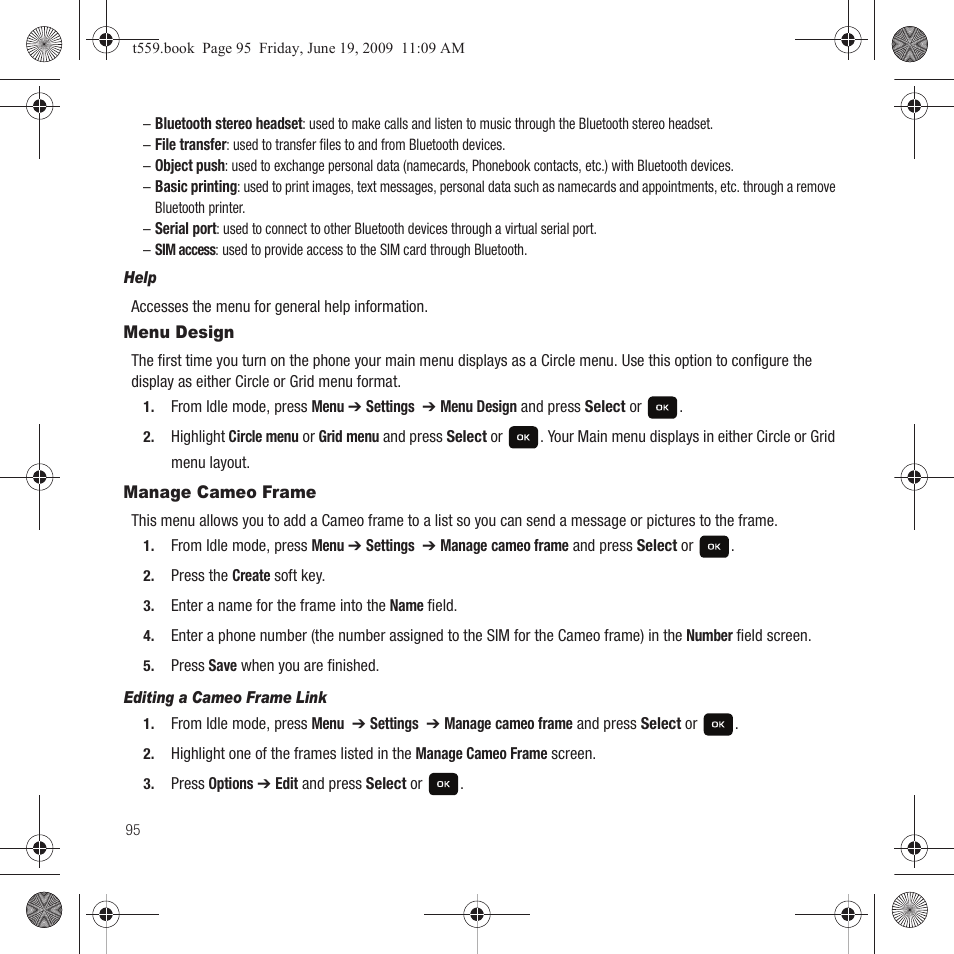 Menu design, Manage cameo frame, Menu design manage cameo frame | Samsung Comeback GH68-22878A User Manual | Page 98 / 158