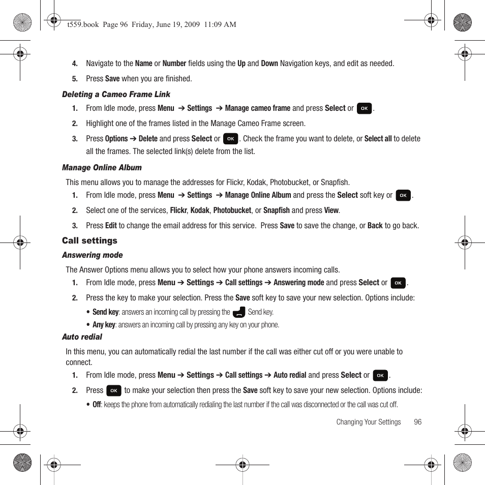 Call settings | Samsung Comeback GH68-22878A User Manual | Page 99 / 158