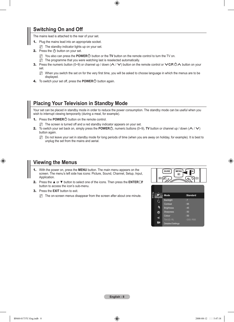 Switching on and off, Placing your television in standby mode, Viewing the menus | Samsung BN68-01737C-00 User Manual | Page 10 / 64