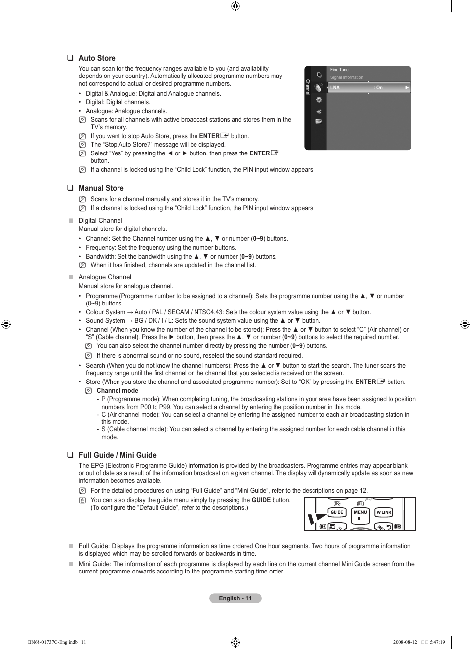 Auto store, Manual store, Full guide / mini guide | Samsung BN68-01737C-00 User Manual | Page 13 / 64