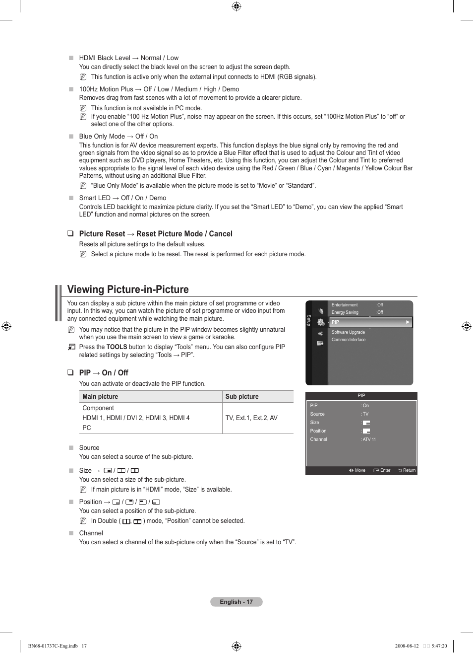 Viewing picture-in-picture, Picture reset → reset picture mode / cancel, Pip → on / off | Samsung BN68-01737C-00 User Manual | Page 19 / 64