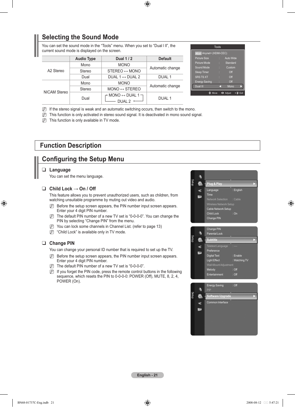 Selecting the sound mode, Function description, Configuring the setup menu | Language, Child lock → on / off, Change pin | Samsung BN68-01737C-00 User Manual | Page 23 / 64