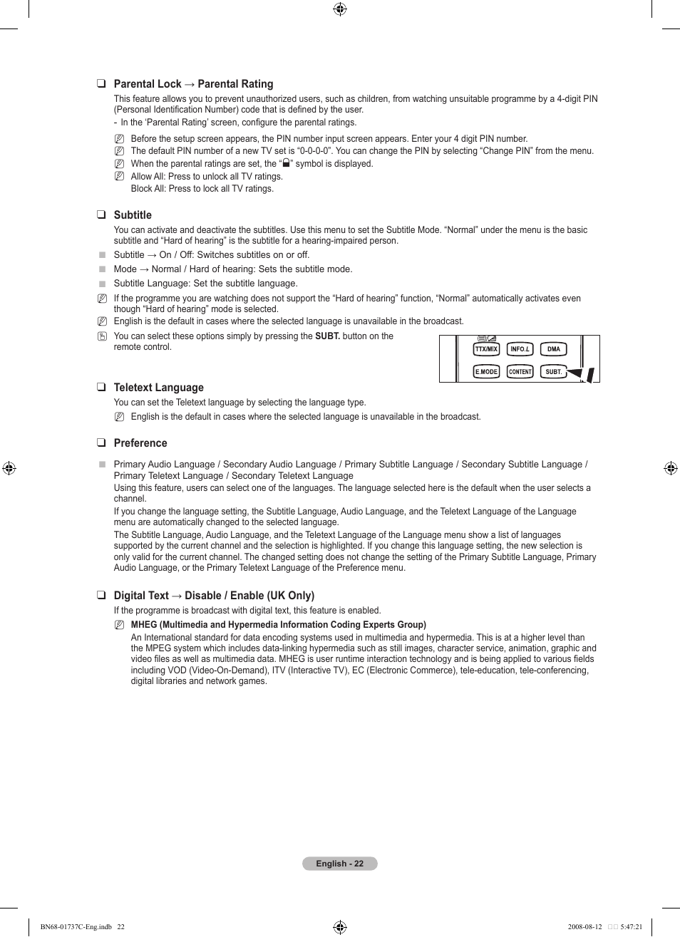 Parental lock → parental rating, Subtitle, Teletext language | Preference, Digital text → disable / enable (uk only) | Samsung BN68-01737C-00 User Manual | Page 24 / 64