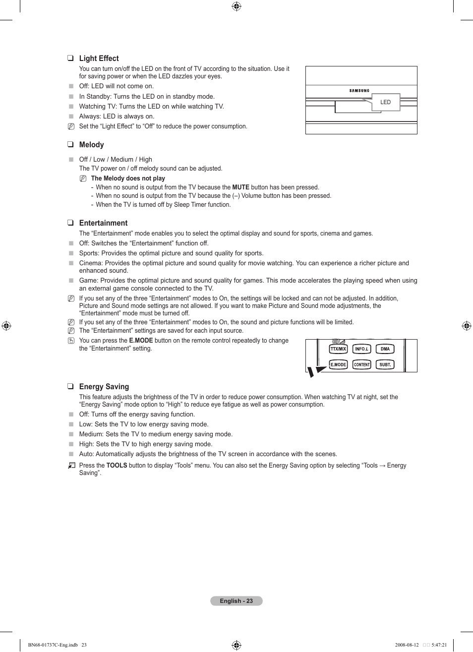 Light effect, Melody, Entertainment | Energy saving | Samsung BN68-01737C-00 User Manual | Page 25 / 64