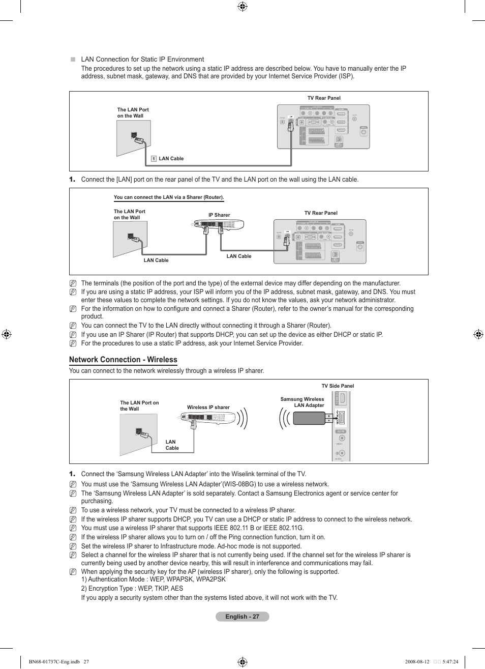 Network connection - wireless | Samsung BN68-01737C-00 User Manual | Page 29 / 64