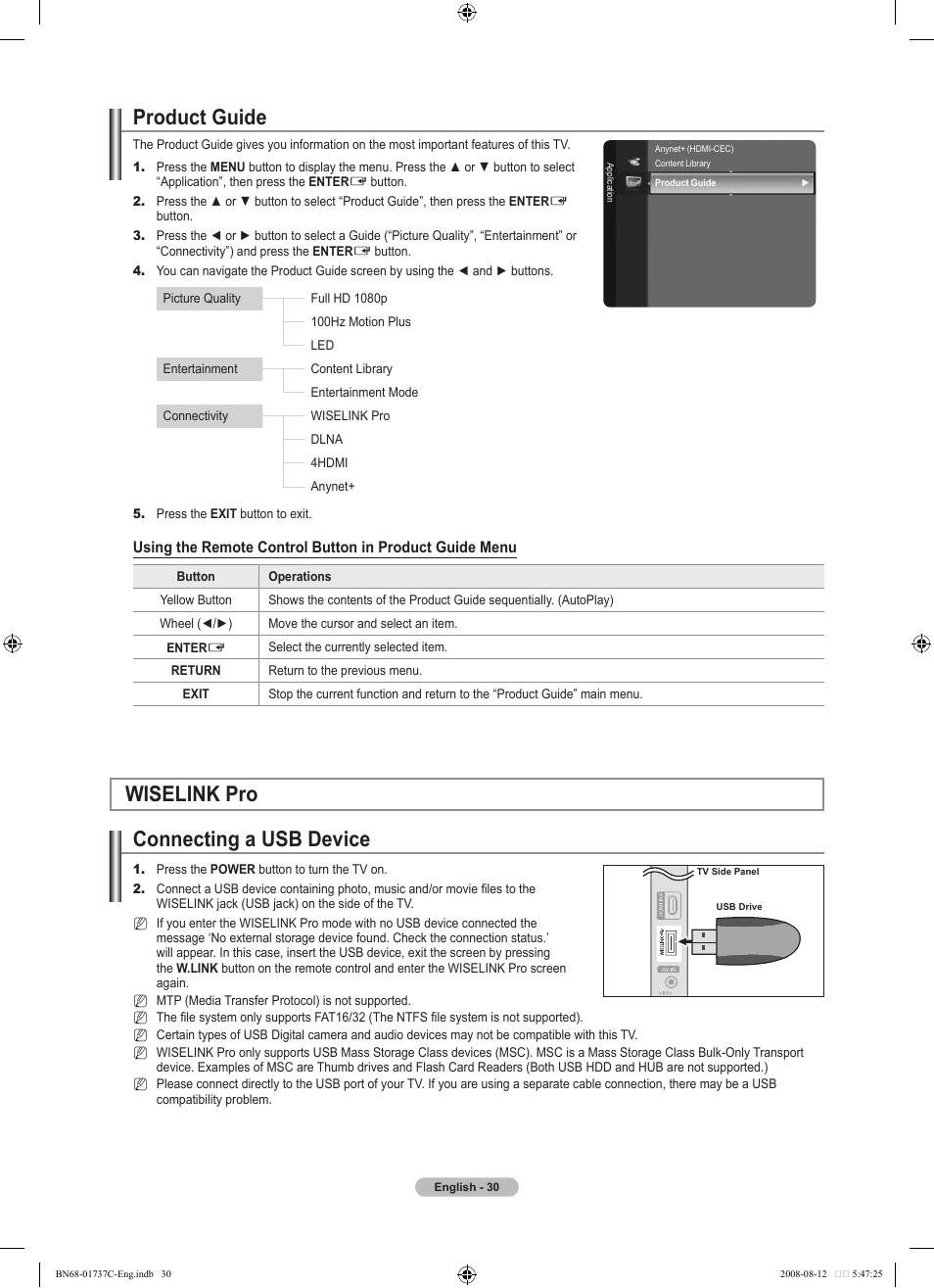 Product guide, Wiselink pro, Connecting a usb device | Wiselink pro connecting a usb device | Samsung BN68-01737C-00 User Manual | Page 32 / 64