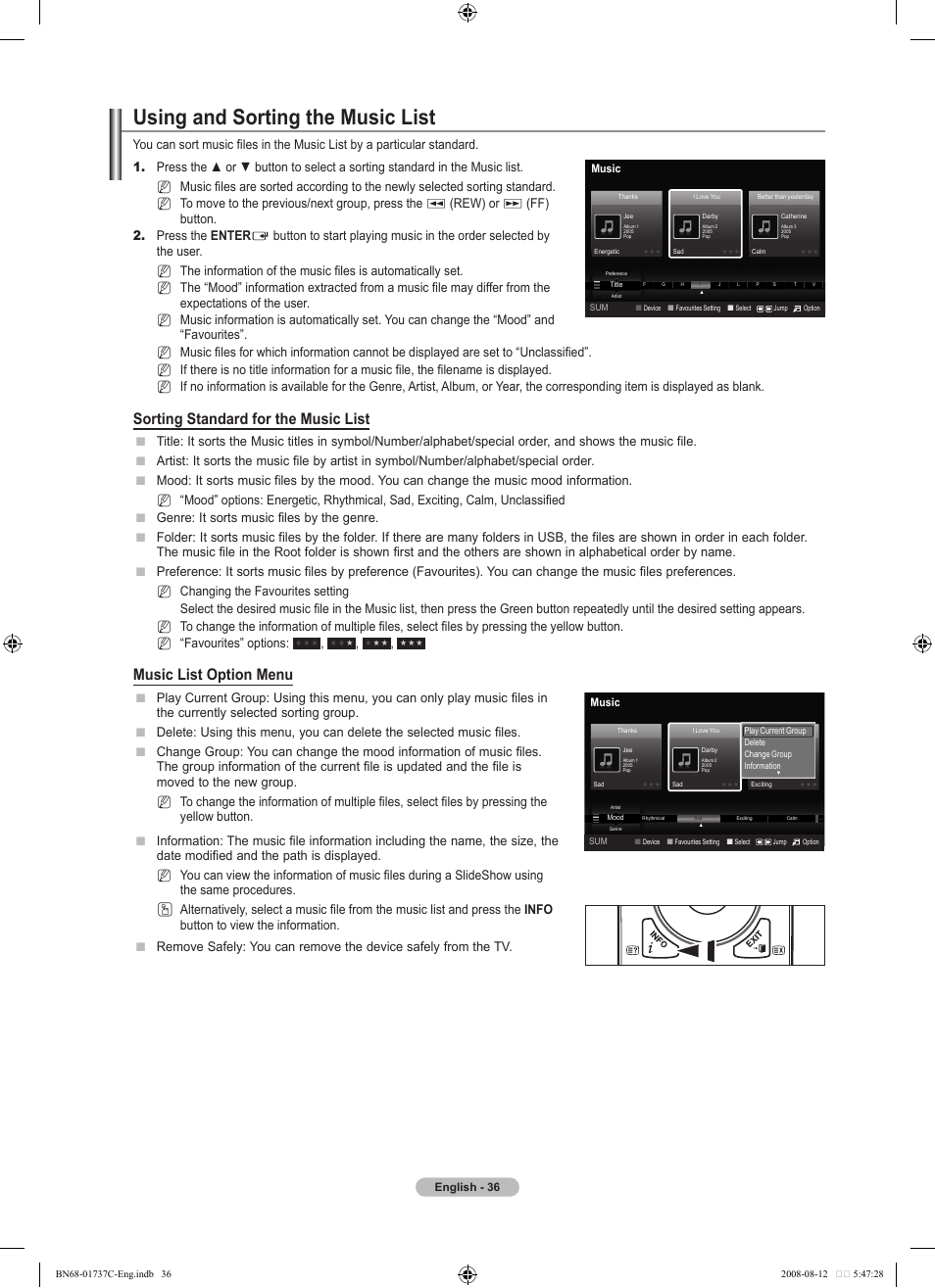 Using and sorting the music list, Sorting standard for the music list, Music list option menu | Rew) or, Ff) button. 2. press the enter, Nn n | Samsung BN68-01737C-00 User Manual | Page 38 / 64