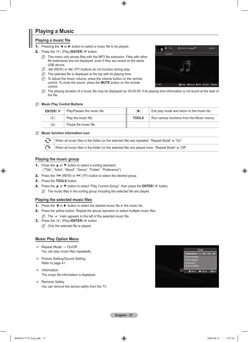 Playing a music, Playing a music file, Playing the music group | Playing the selected music files, Music play option menu | Samsung BN68-01737C-00 User Manual | Page 39 / 64