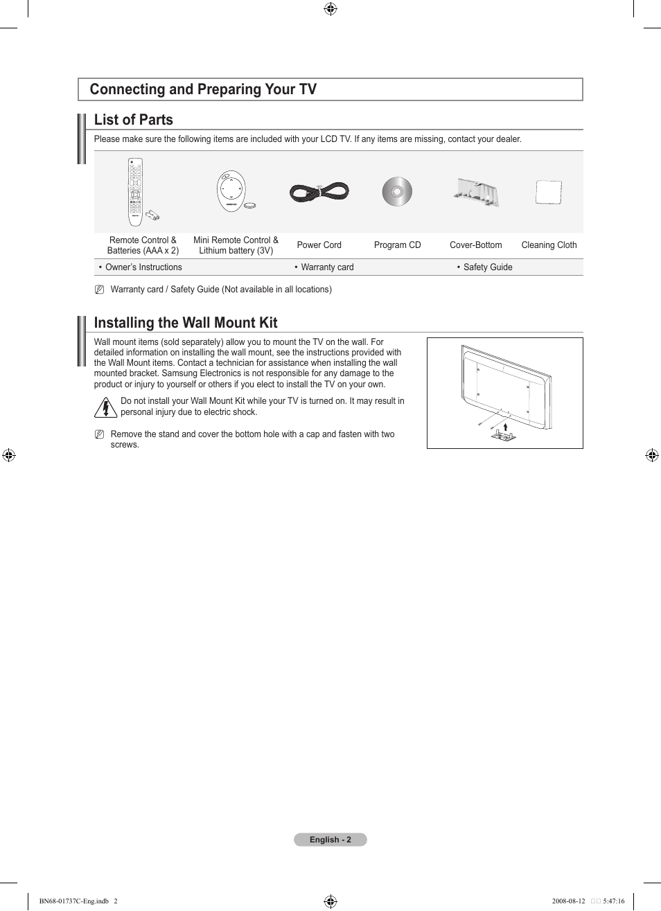 Connecting and preparing your tv, List of parts, Installing the wall mount kit | Samsung BN68-01737C-00 User Manual | Page 4 / 64