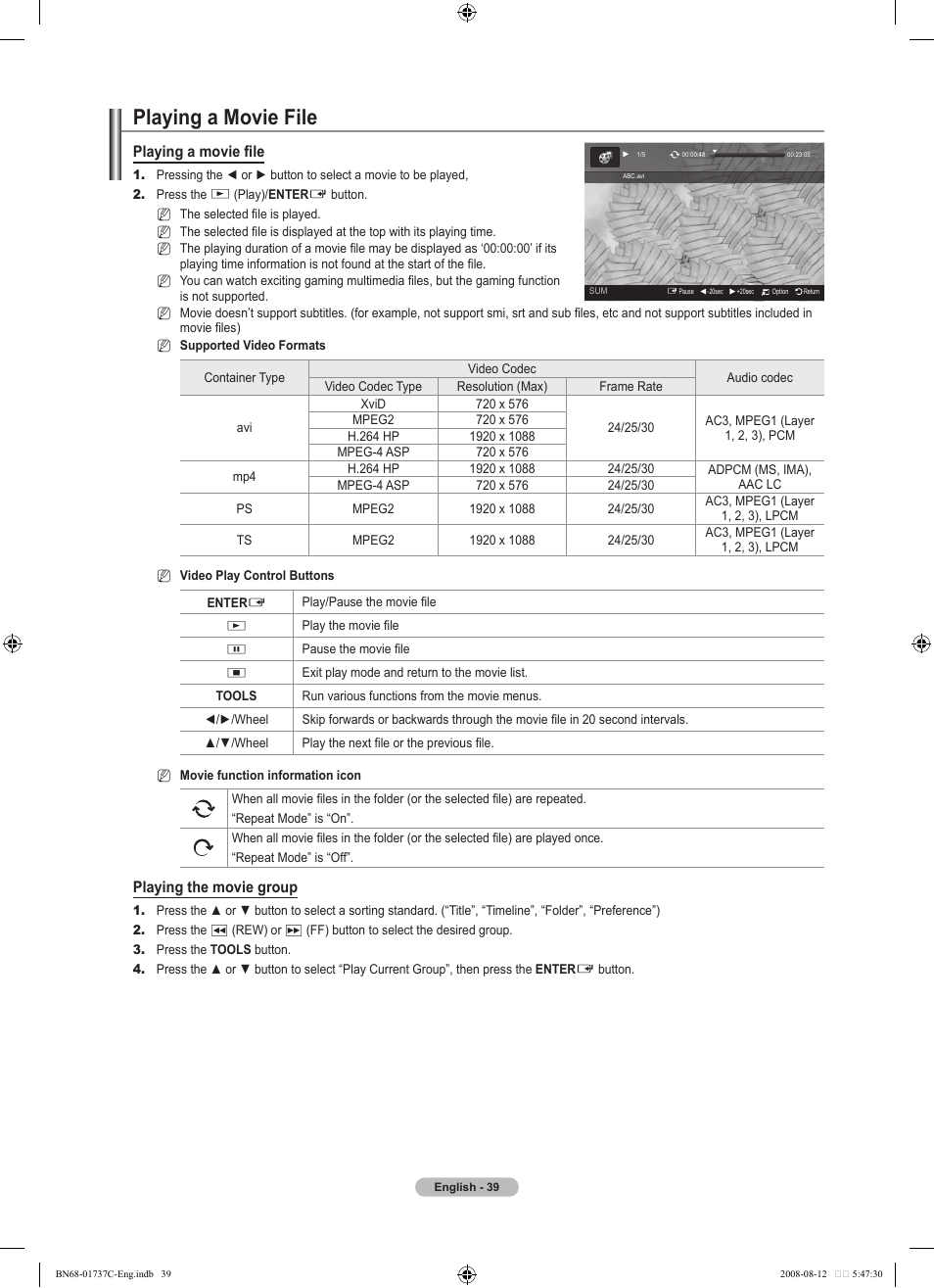 Playing a movie file, Playing a movie fi le, Playing the movie group | Samsung BN68-01737C-00 User Manual | Page 41 / 64