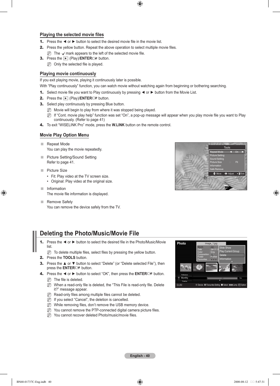 Deleting the photo/music/movie file, Playing the selected movie files, Playing movie continuously | Movie play option menu | Samsung BN68-01737C-00 User Manual | Page 42 / 64