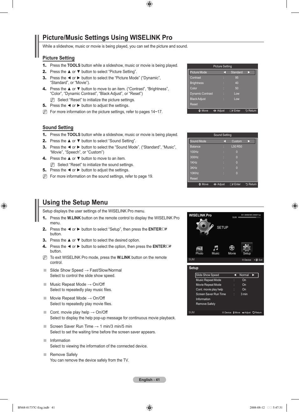 Picture/music settings using wiselink pro, Using the setup menu, Picture setting | Sound setting | Samsung BN68-01737C-00 User Manual | Page 43 / 64