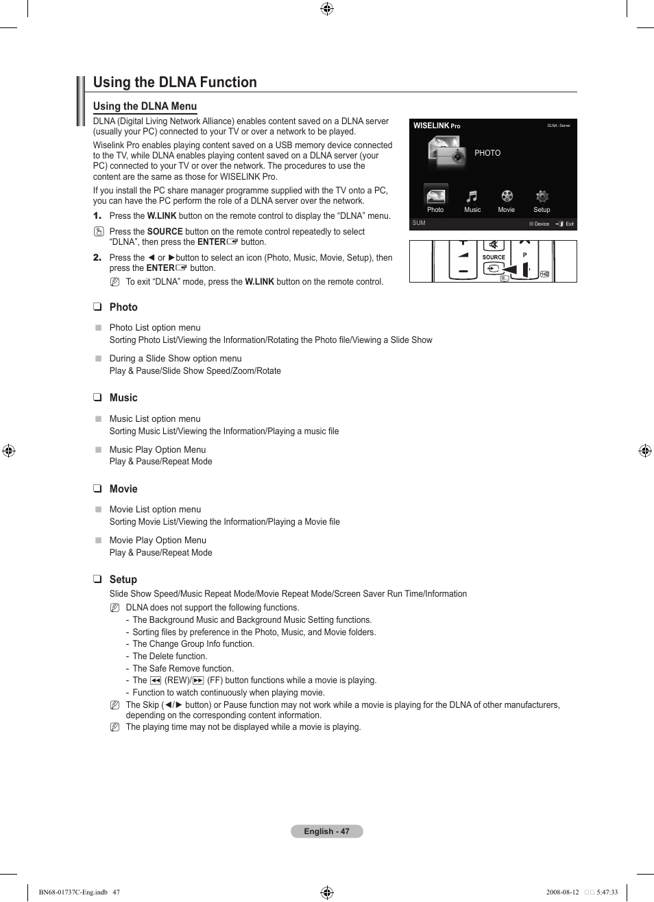 Using the dlna function, Using the dlna menu, Photo | Music, Movie, Setup | Samsung BN68-01737C-00 User Manual | Page 49 / 64