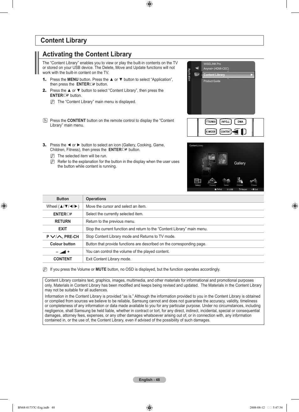 Content library, Activating the content library | Samsung BN68-01737C-00 User Manual | Page 50 / 64