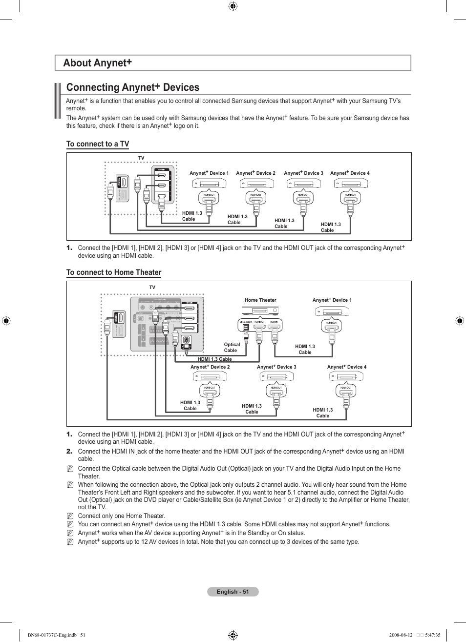 About anynet, Connecting anynet+ devices | Samsung BN68-01737C-00 User Manual | Page 53 / 64
