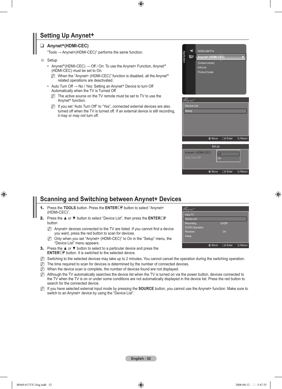 Setting up anynet, Scanning and switching between anynet+ devices, Anynet+(hdmi-cec) | Samsung BN68-01737C-00 User Manual | Page 54 / 64