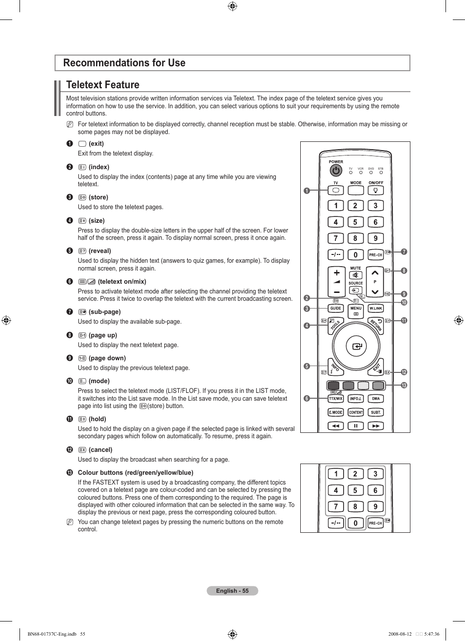 Recommendations for use, Teletext feature, Recommendations for use teletext feature | Samsung BN68-01737C-00 User Manual | Page 57 / 64