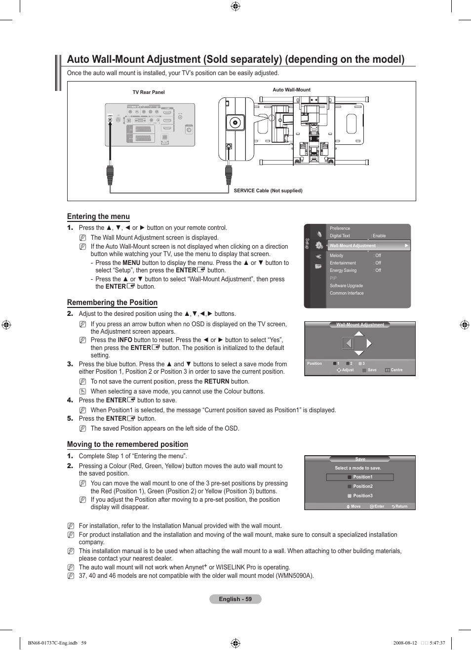 Entering the menu, Remembering the position, Moving to the remembered position | Samsung BN68-01737C-00 User Manual | Page 61 / 64