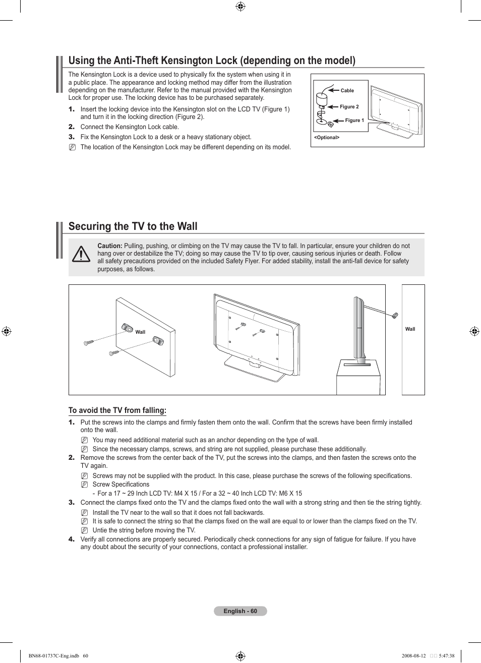 Securing the tv to the wall | Samsung BN68-01737C-00 User Manual | Page 62 / 64