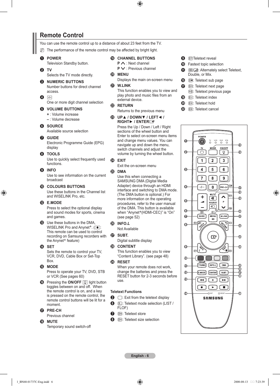 Remote control | Samsung BN68-01737C-00 User Manual | Page 8 / 64