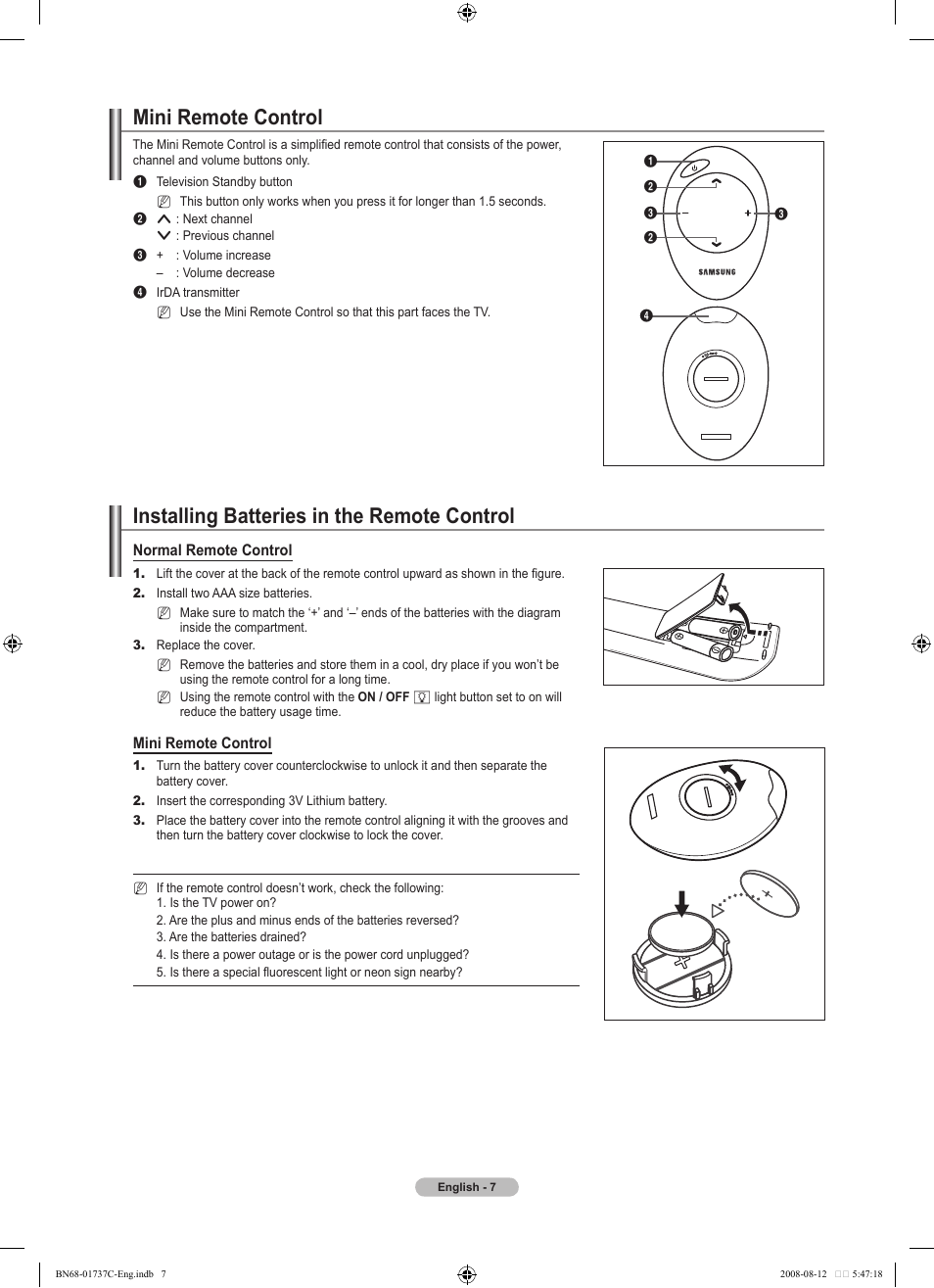 Mini remote control, Installing batteries in the remote control | Samsung BN68-01737C-00 User Manual | Page 9 / 64