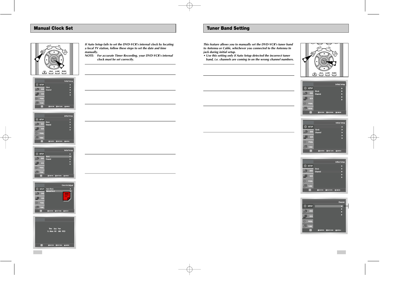 Manual clock set, Tuner band setting | Samsung DVD-V3650 User Manual | Page 10 / 35