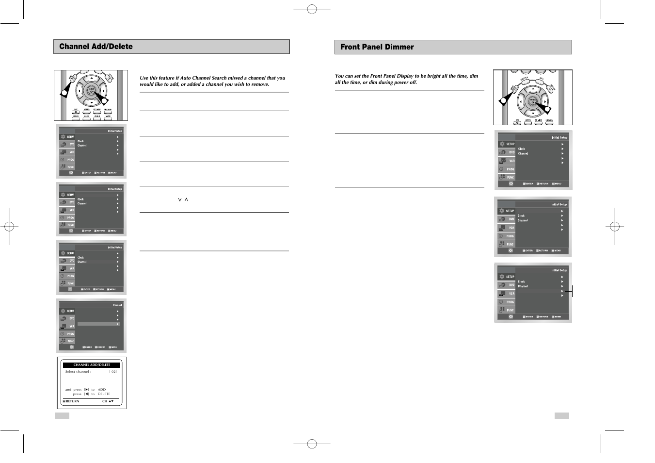 Channel add/delete, Front panel dimmer | Samsung DVD-V3650 User Manual | Page 12 / 35