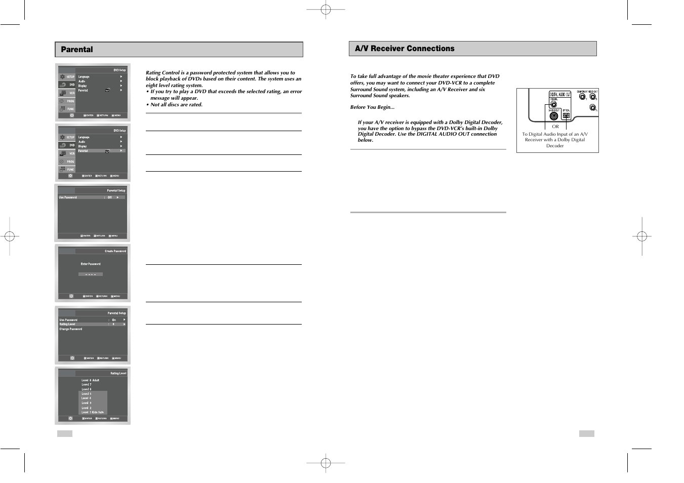 Parental, 6 - dvd sound setup, A/v receiver connections | Samsung DVD-V3650 User Manual | Page 18 / 35