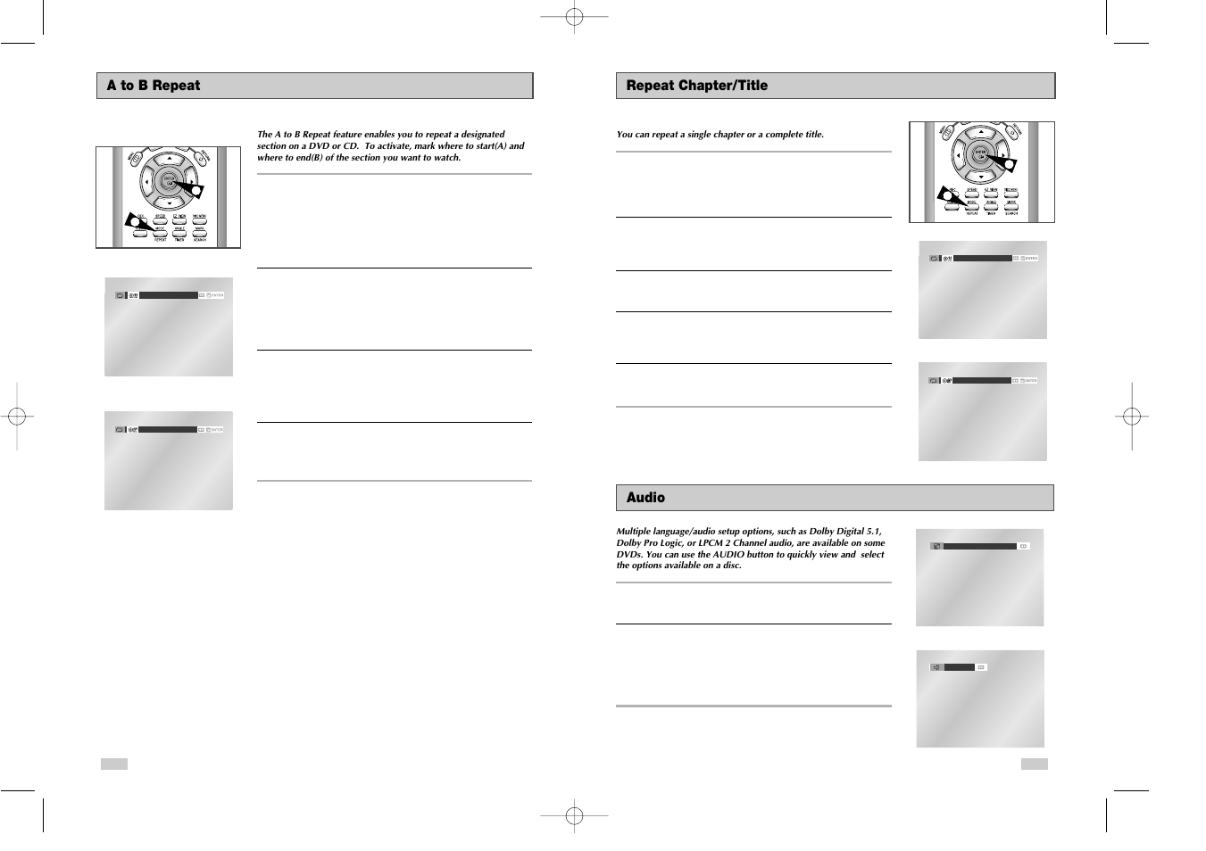 A to b repeat, Repeat chapter/title, Audio | Samsung DVD-V3650 User Manual | Page 23 / 35