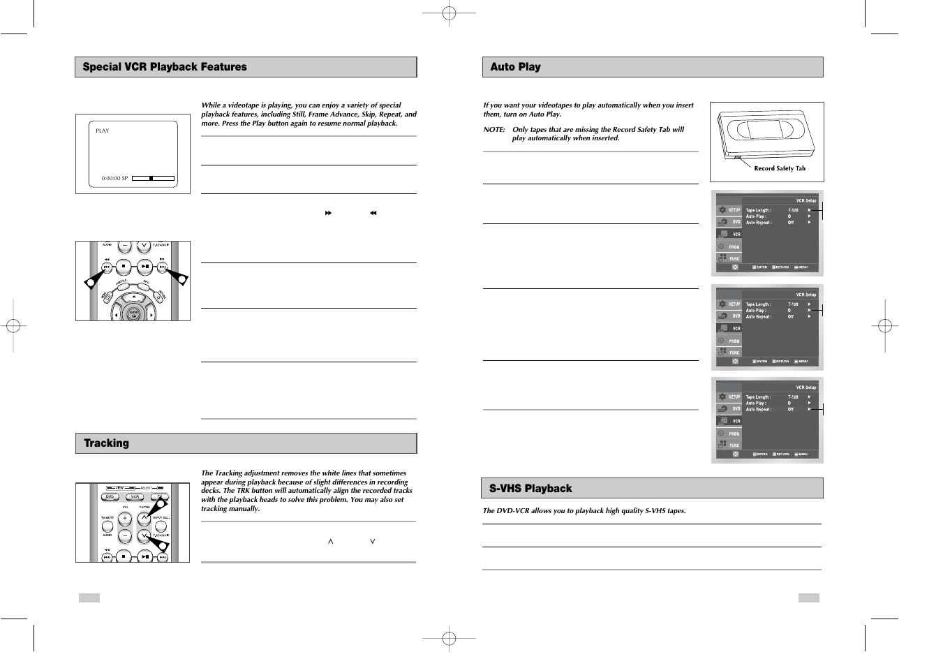 8 - vcr playback, Special vcr playback features, Tracking | Auto play, S-vhs playback, Auto play s-vhs playback | Samsung DVD-V3650 User Manual | Page 28 / 35