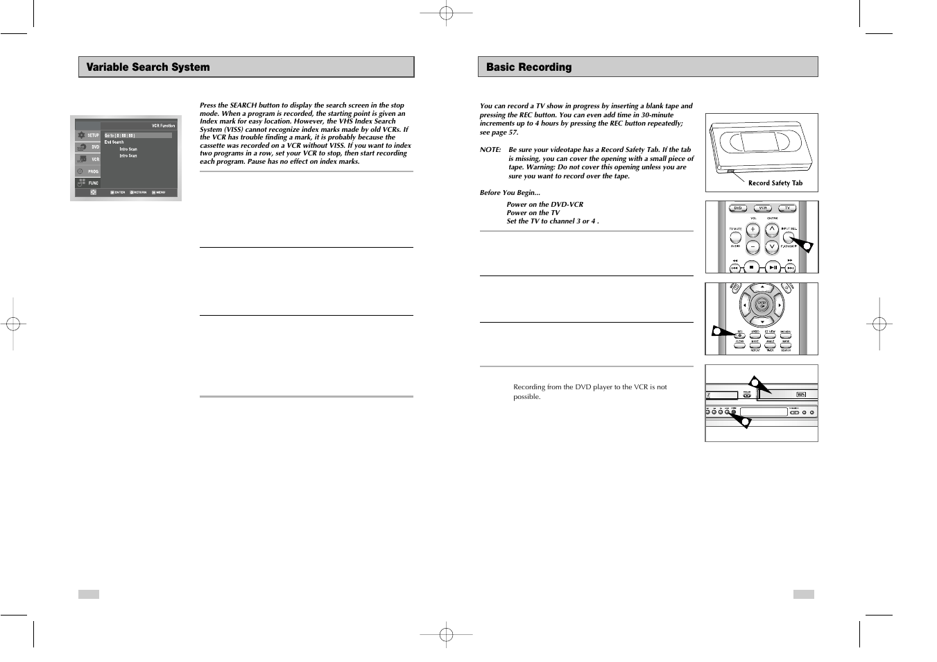 Variable search system, 9 - vcr recording, Basic recording | Dvd/vcr progressive | Samsung DVD-V3650 User Manual | Page 29 / 35