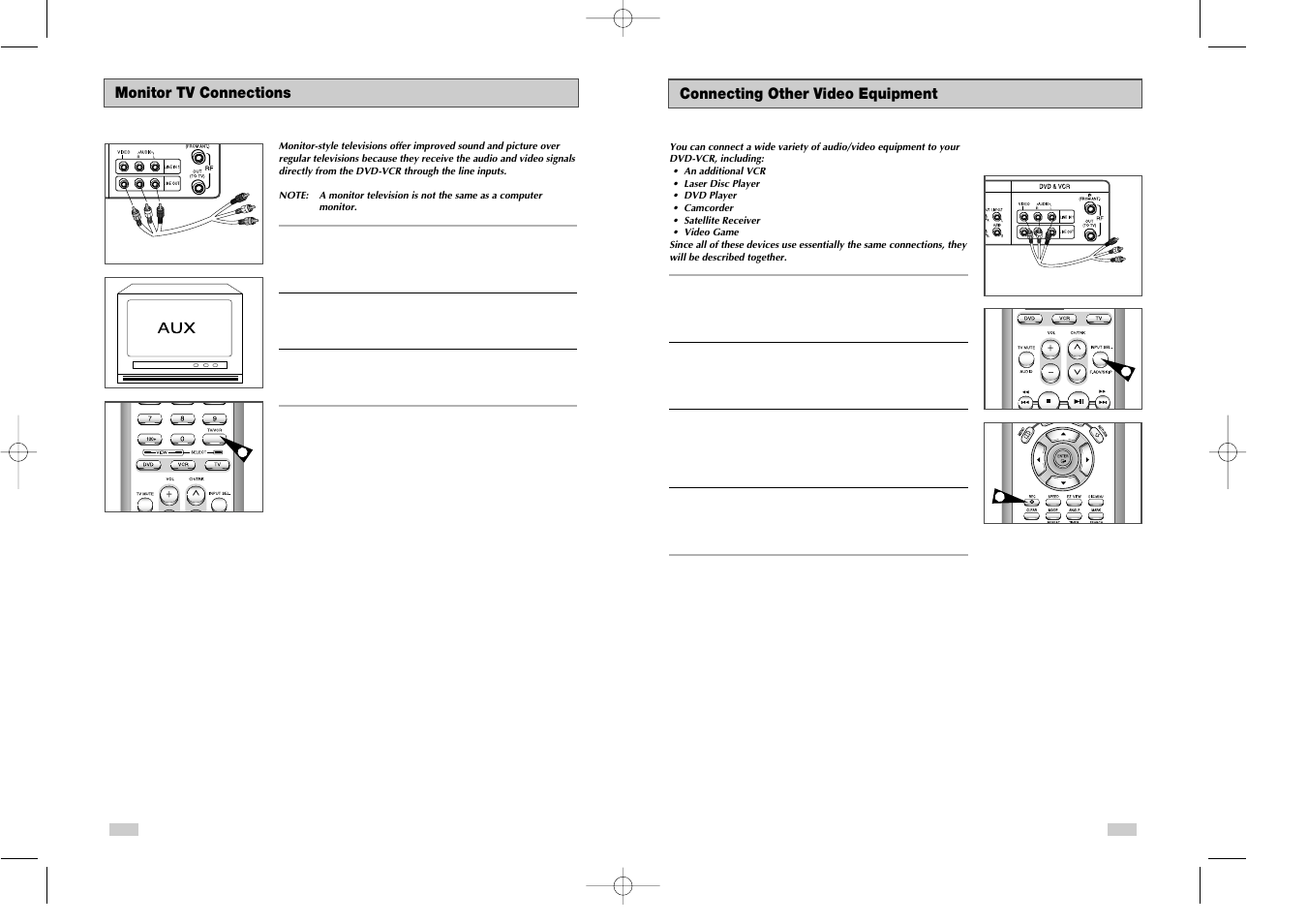 Monitor tv connections, Connecting other video equipment | Samsung DVD-V3650 User Manual | Page 33 / 35